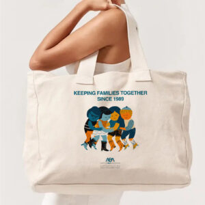 Close up of a rectangular, canvas tote bag with ABA ProBAR "Keeping Families Together" logo