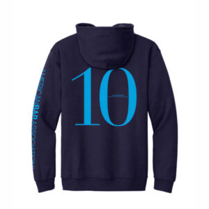 Dark blue hoodie with large number ten, small description of the tenth amendment. American Bar Association logo on the sleeve.